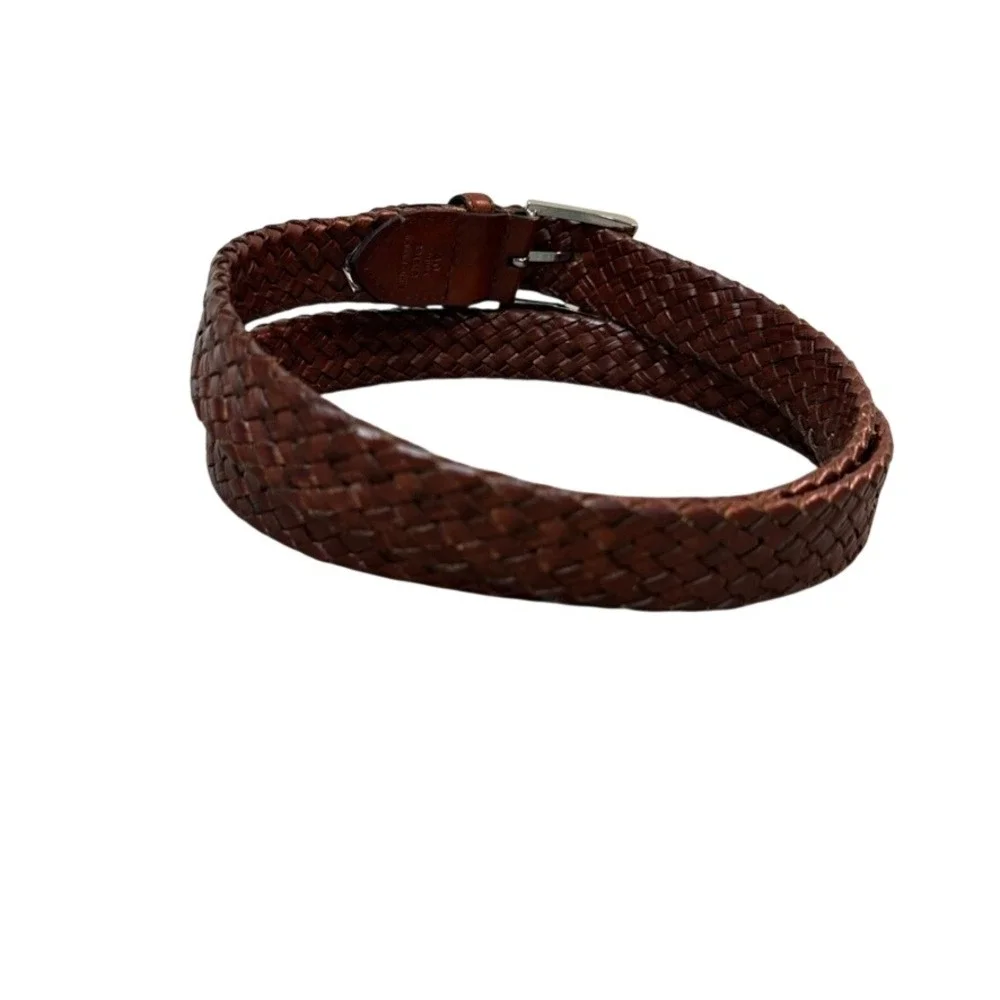 Mens Brown Braided Genuine Leather Belt Size 40 Woven Adjustable Silver Buckle